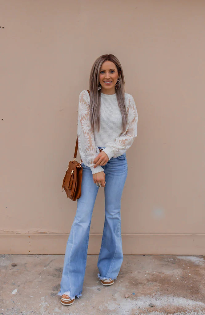 Waffle-Knit Top with Sunflower Lace Mesh Sleeves