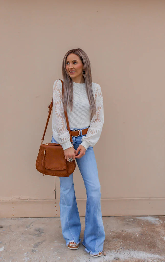 Waffle-Knit Top with Sunflower Lace Mesh Sleeves