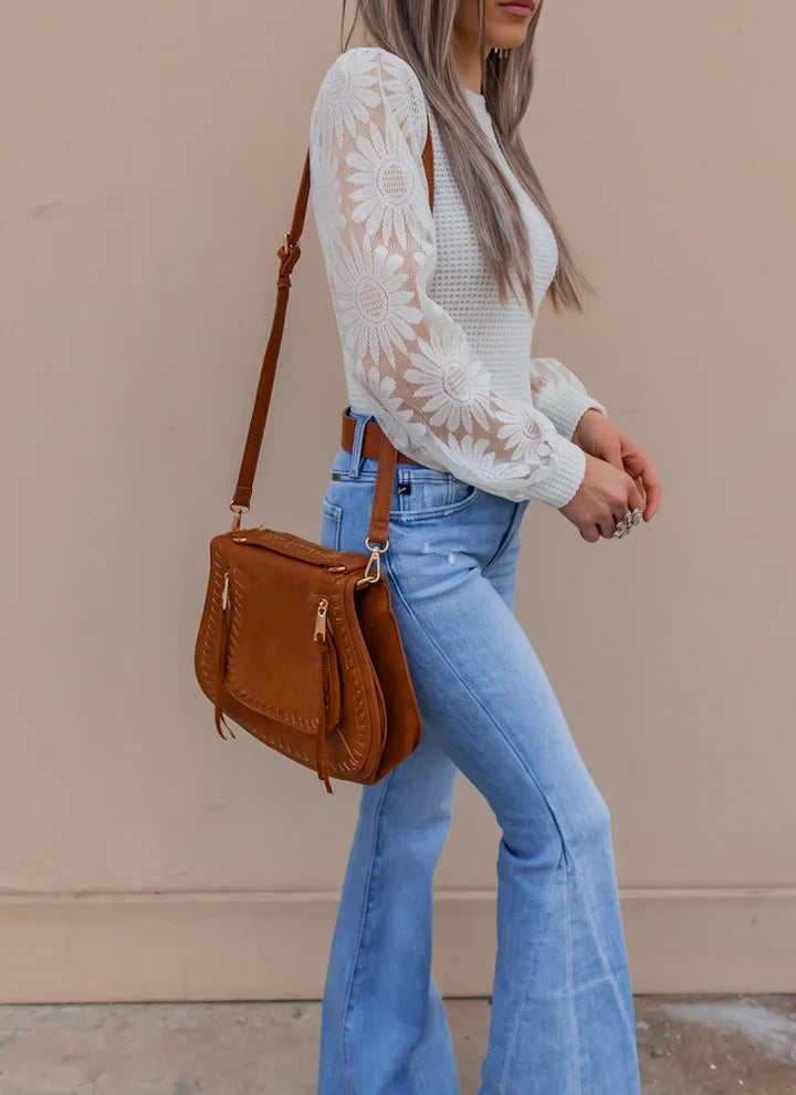 Waffle-Knit Top with Sunflower Lace Mesh Sleeves