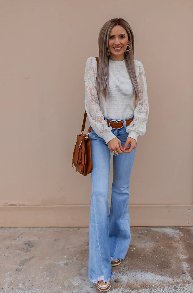 Waffle-Knit Top with Sunflower Lace Mesh Sleeves