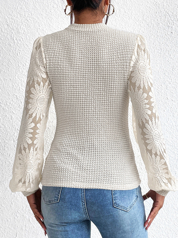 Waffle-Knit Top with Sunflower Lace Mesh Sleeves