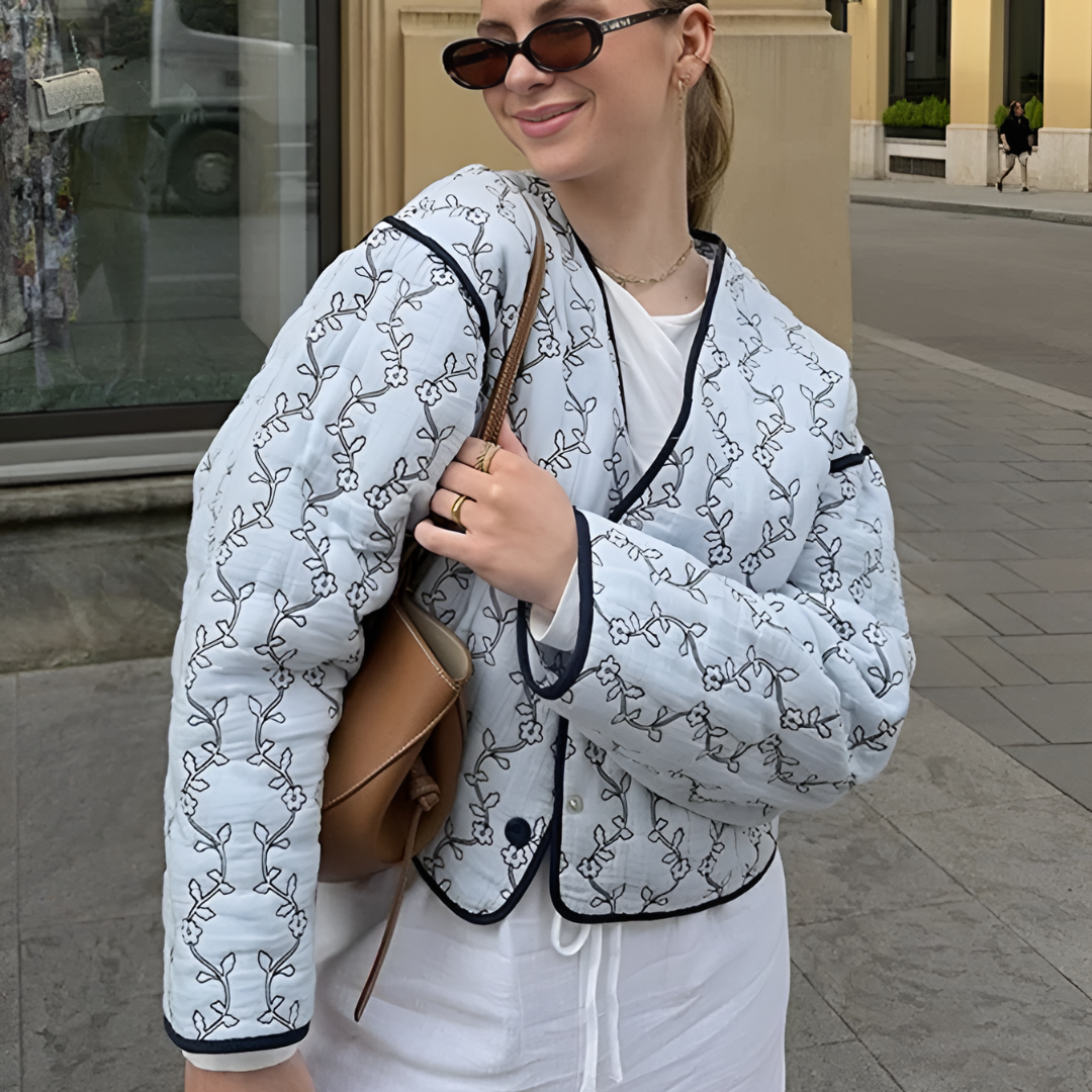 Emma's | Blue Floral Quilted V-neck Jacket